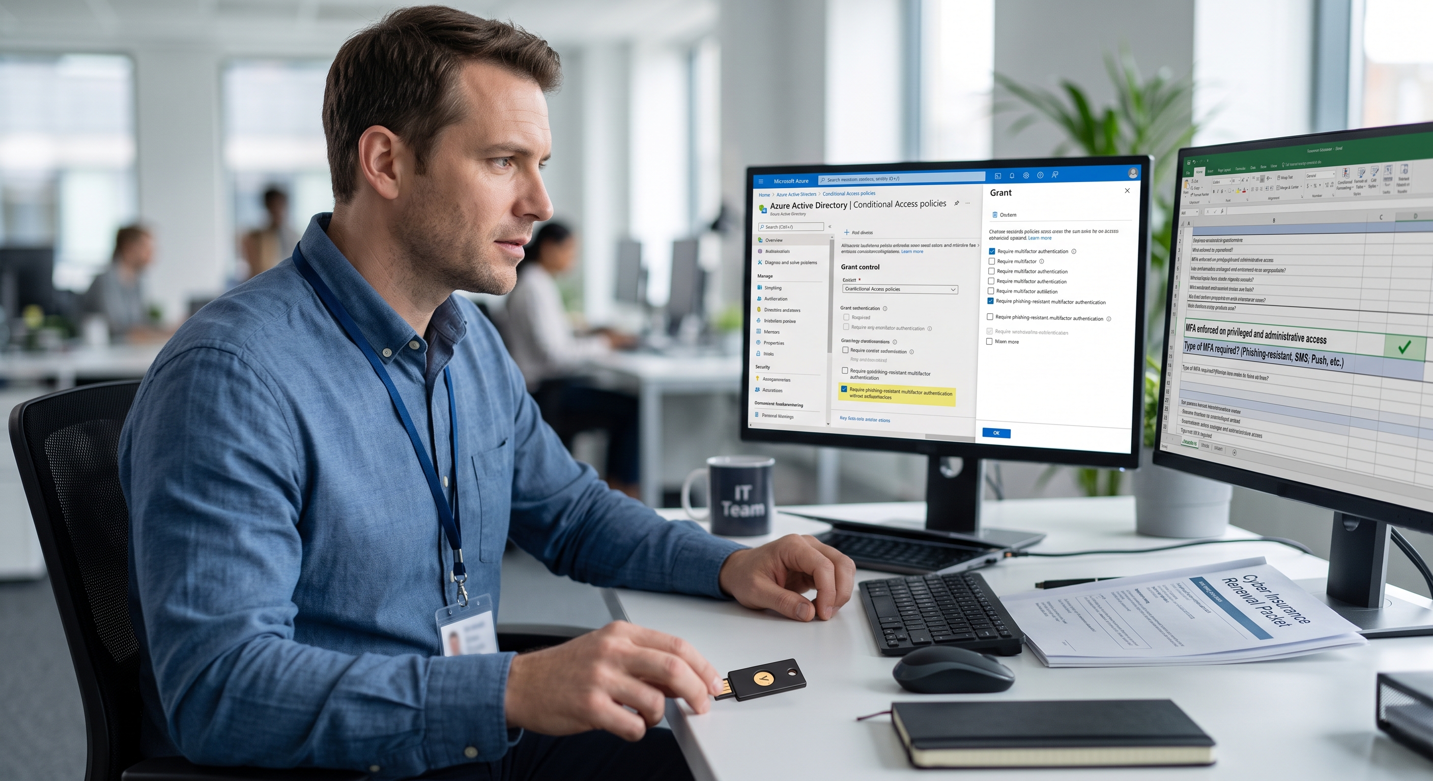 IT professional reviewing phishing-resistant MFA Conditional Access policy next to cyber insurance renewal requirements