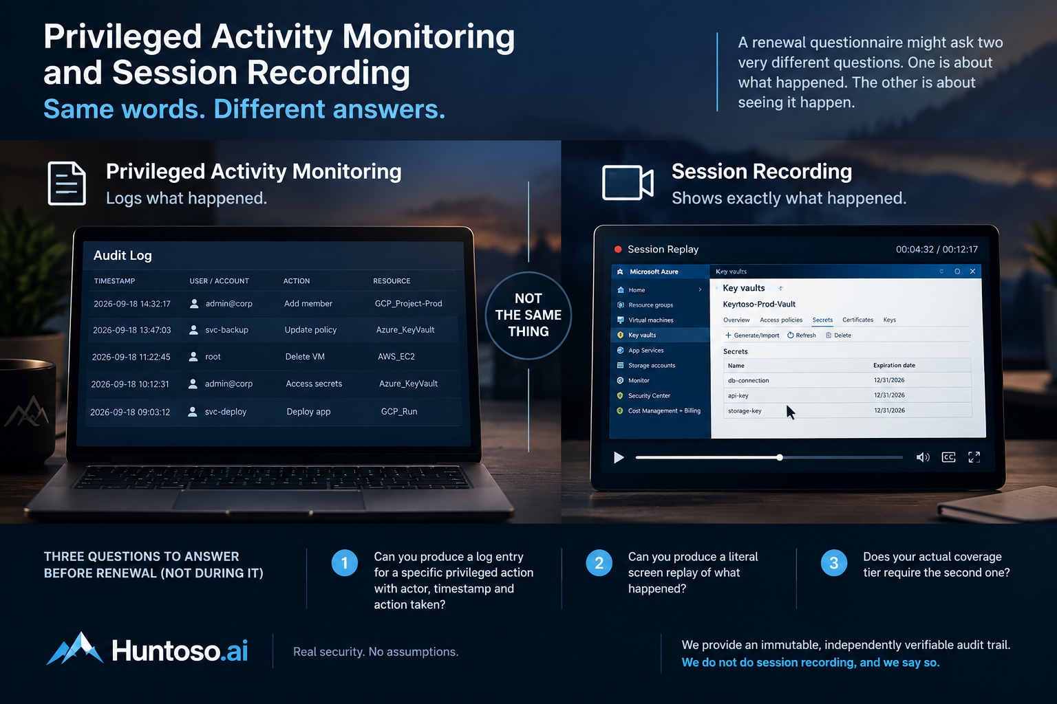 Privileged Activity Monitoring vs Session Recording comparison: audit logs versus video screen replay