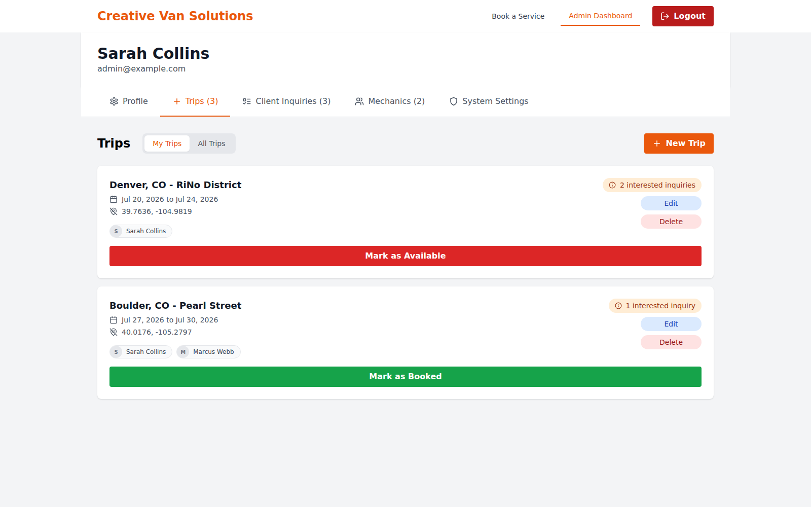 The Trips tab in the admin dashboard listing scheduled stops with edit, delete, and availability controls