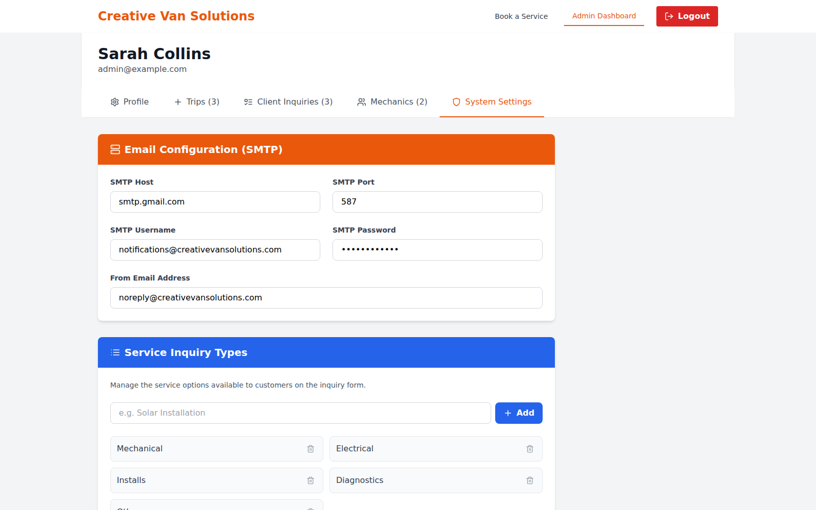 The System Settings admin screen showing SMTP email configuration and service inquiry type management