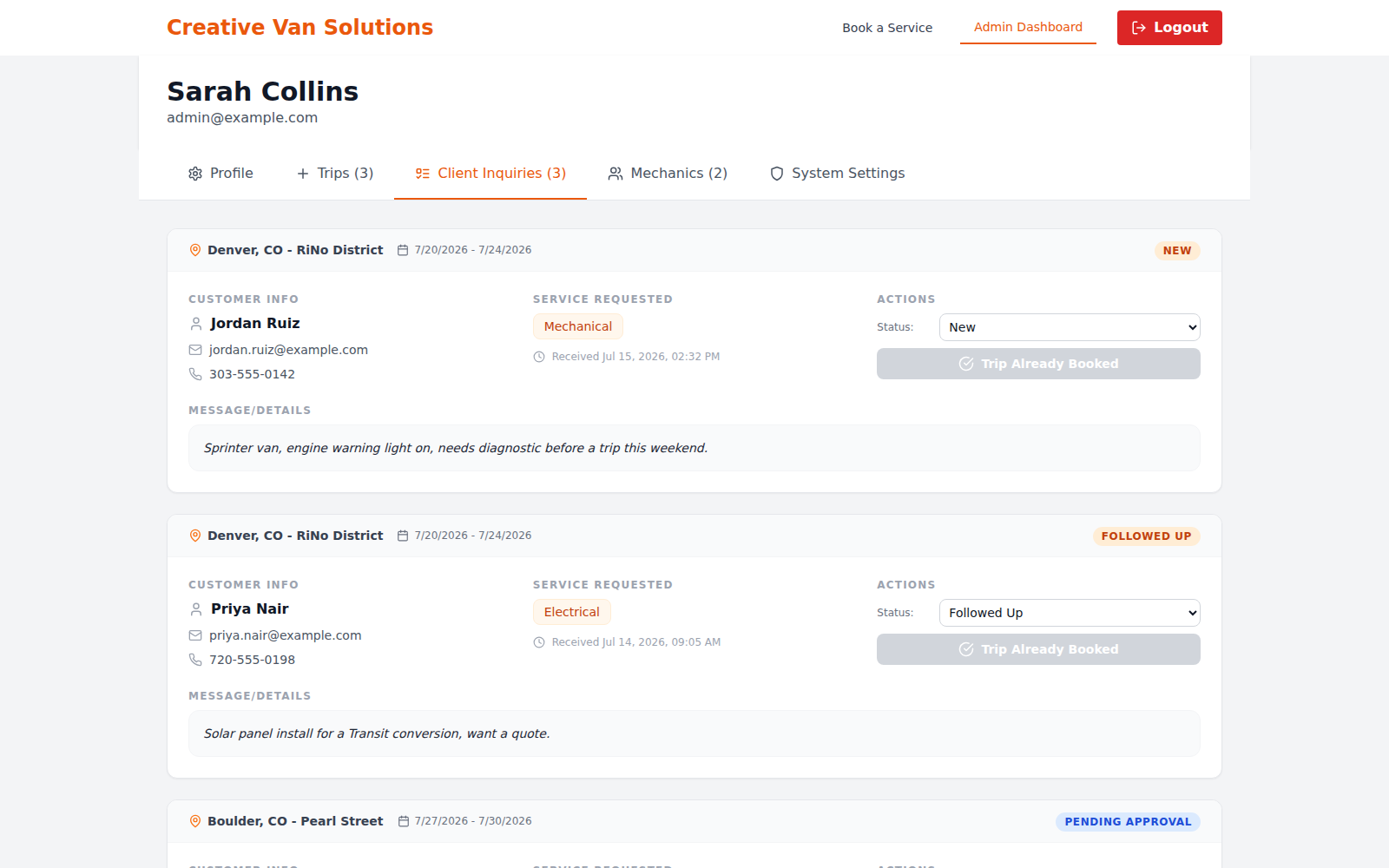 The Client Inquiries tab showing customer leads with contact info, requested service, and status controls