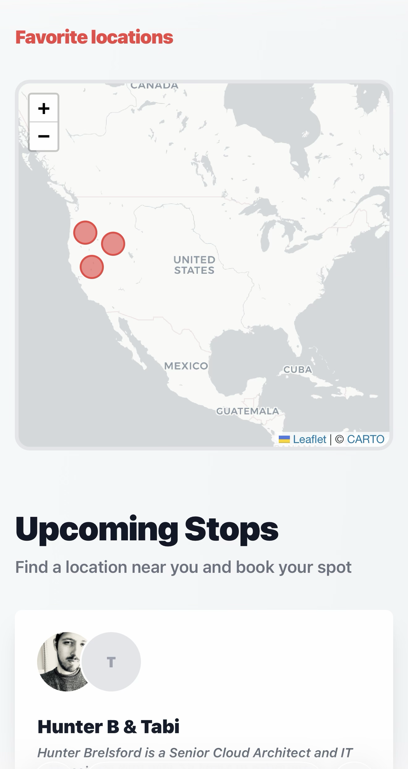 Creative Van Solutions customer portal showing a map of favorite service locations and upcoming stops