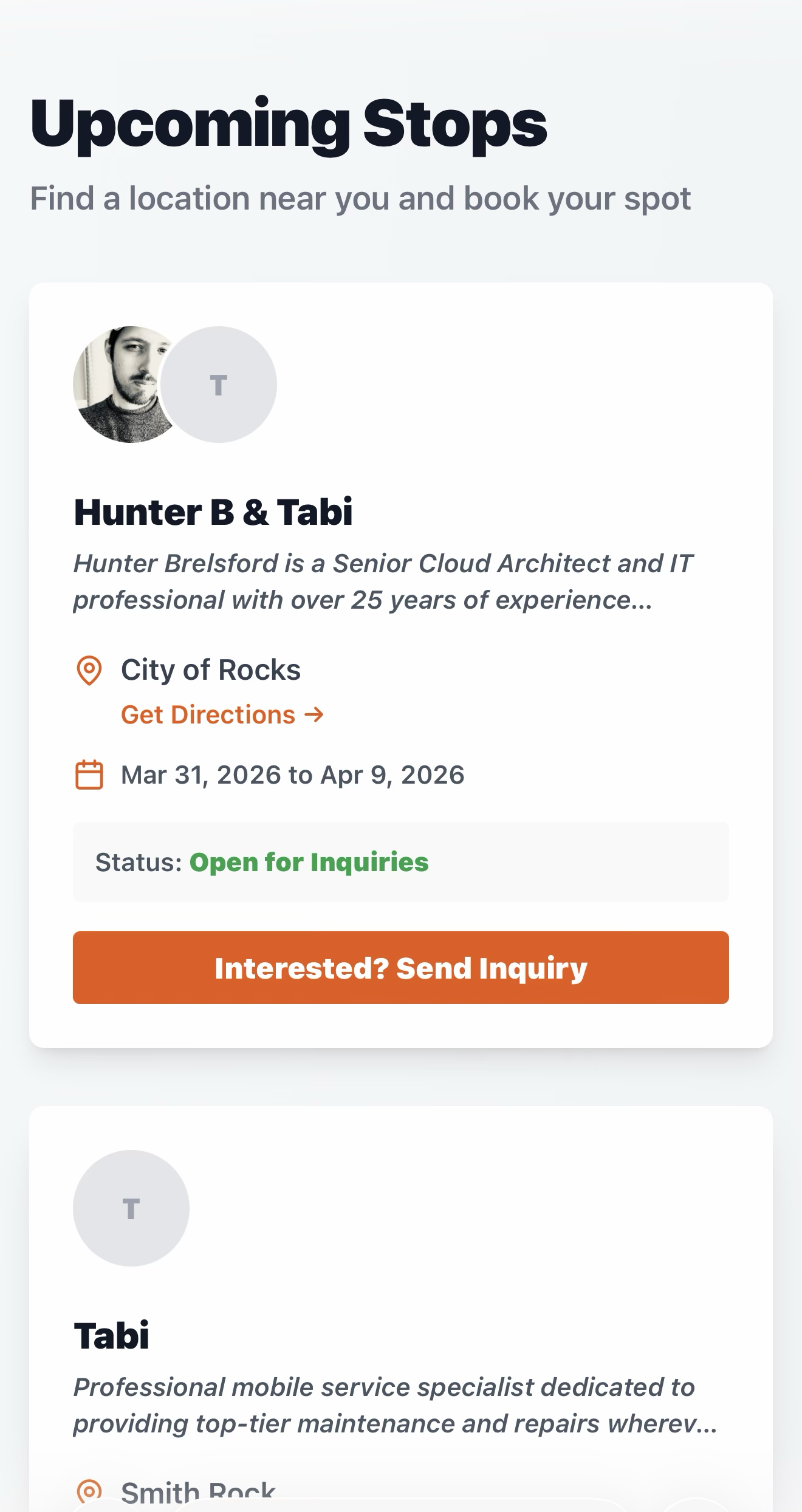 A trip detail card on the live site showing location, dates, status, and an Interested? Send Inquiry button