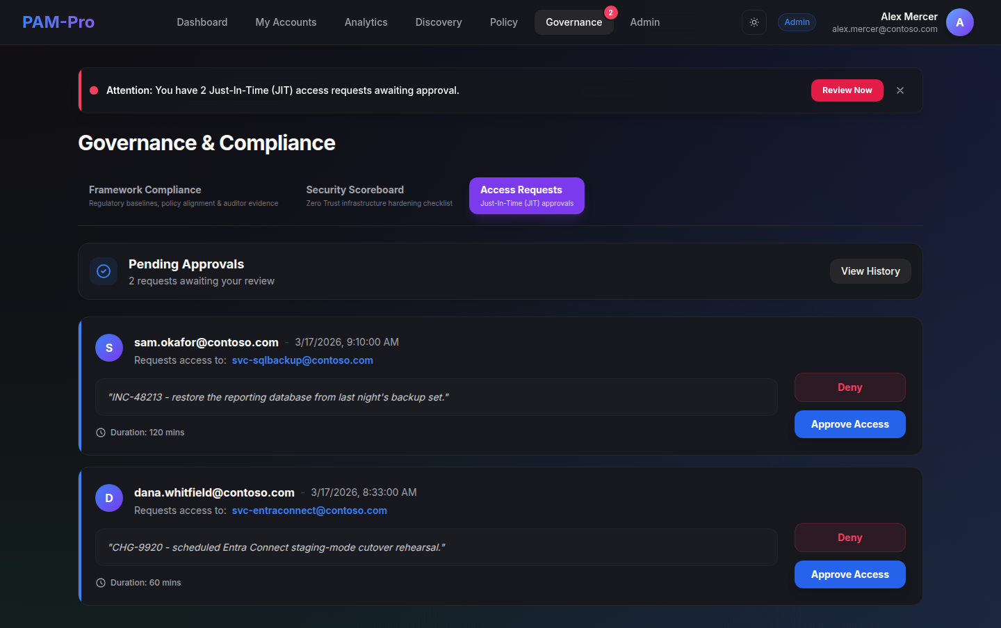 The Access Requests tab under Governance, showing a banner for two pending approvals and two request cards. Each names the requester, the account requested, the submitted justification with its ticket reference, the requested duration, and Deny and Approve Access buttons.