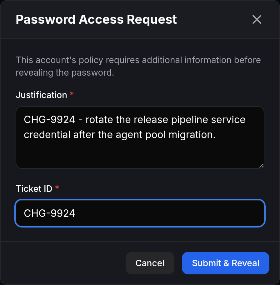 A dialog titled Justification Required, with a filled-in reason describing a credential rotation after an agent pool migration, and a ticket ID field containing a change reference.
