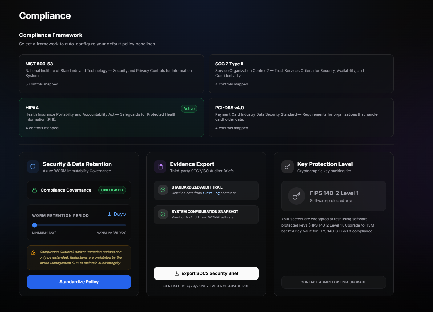 Compliance page showing framework selection cards, Security and Data Retention panel, Evidence Export panel, and Key Protection Level panel