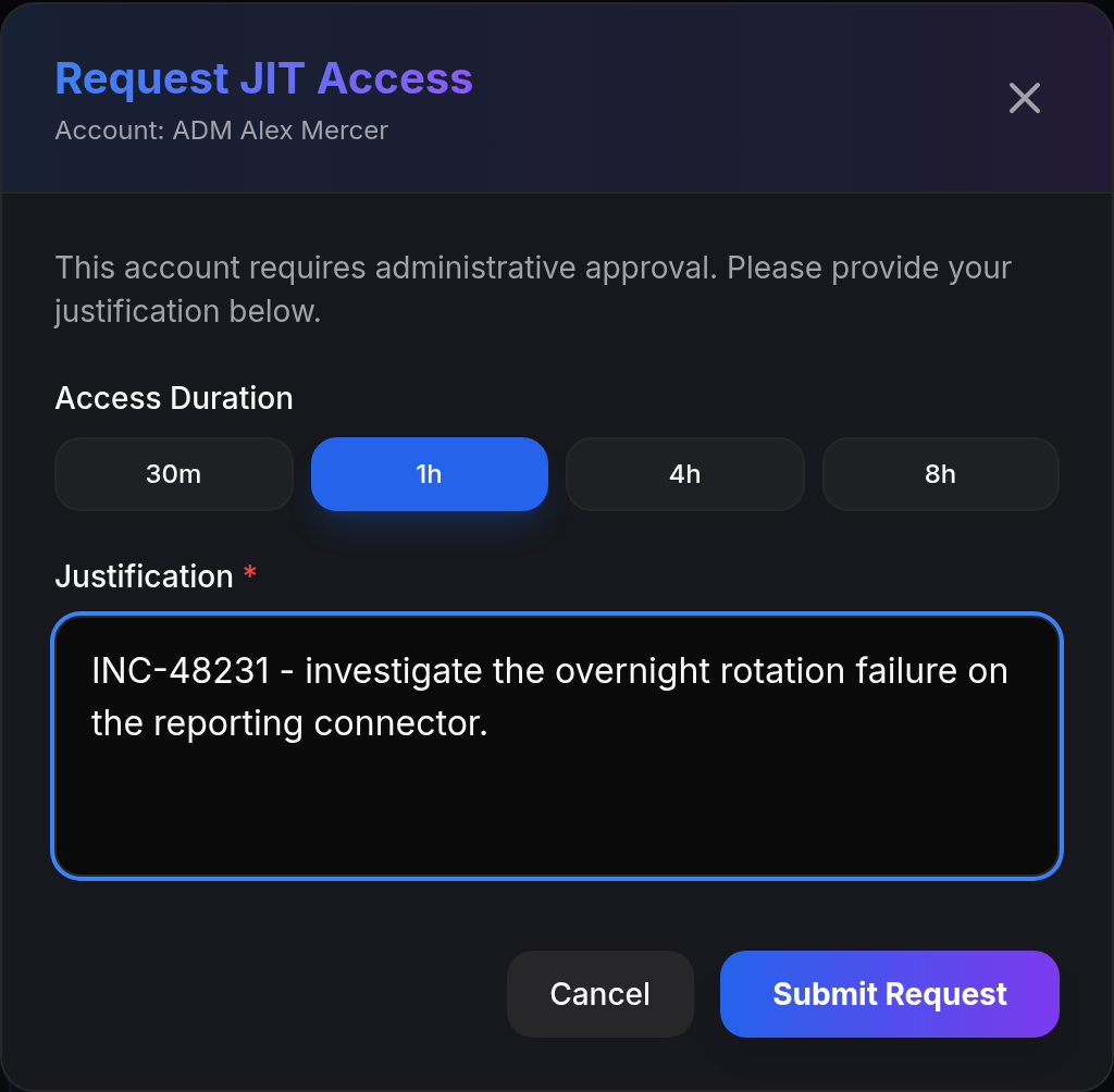 The Request JIT Access dialog for an account, offering 30 minute, 1 hour, 4 hour and 8 hour durations, and a required justification field containing an incident reference.