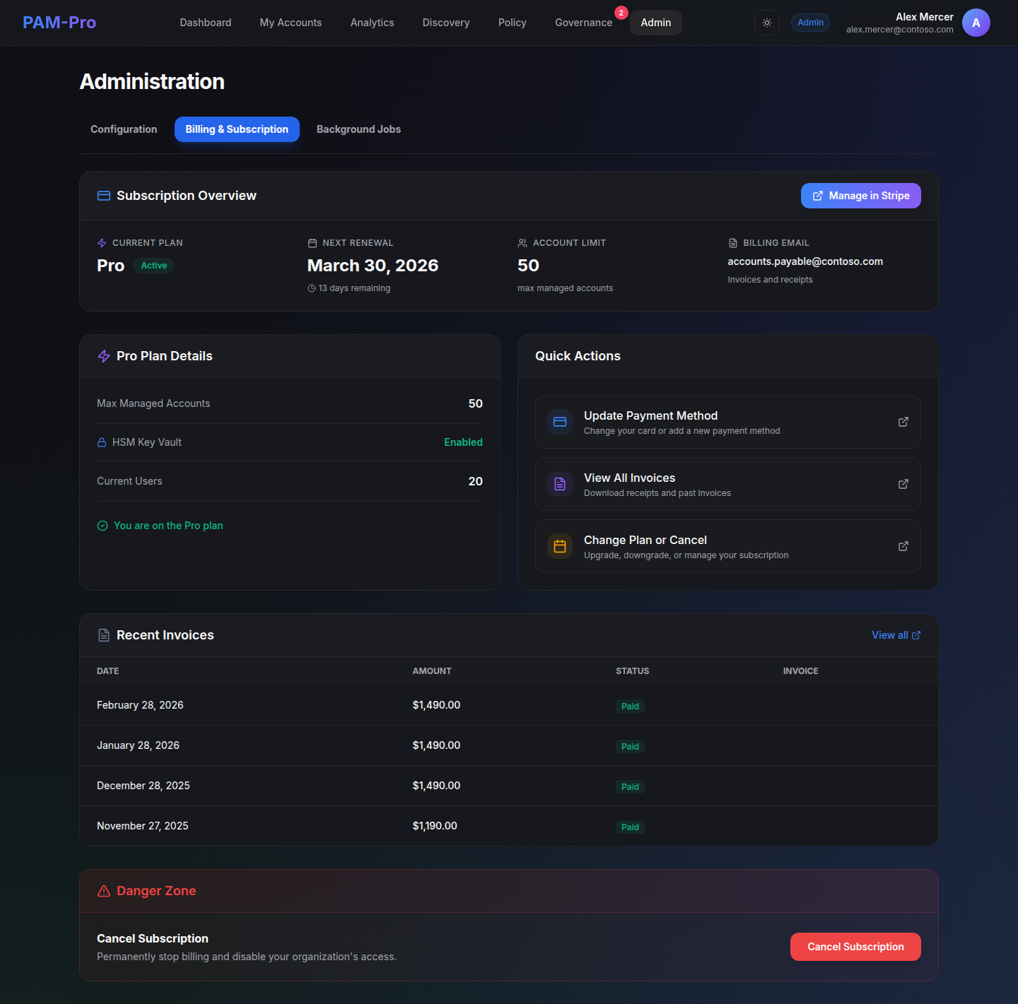 The Billing and Subscription tab showing the Pro plan active, the next renewal date, an account limit of 50, the billing email, and a plan detail panel reporting 20 current users against that limit with HSM Key Vault enabled.