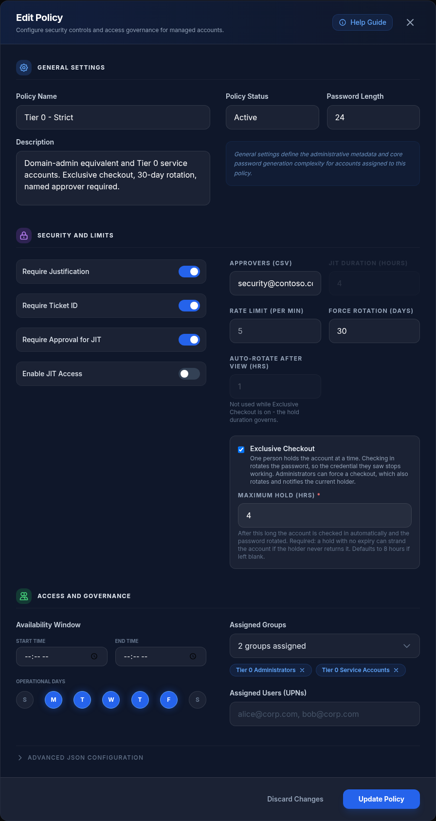 The policy editor opened on Tier 0 Strict, showing general settings with the policy name, status and password length, and a security and limits section with toggles for justification, ticket ID, approval and JIT access alongside approver, duration, rate limit and rotation fields.