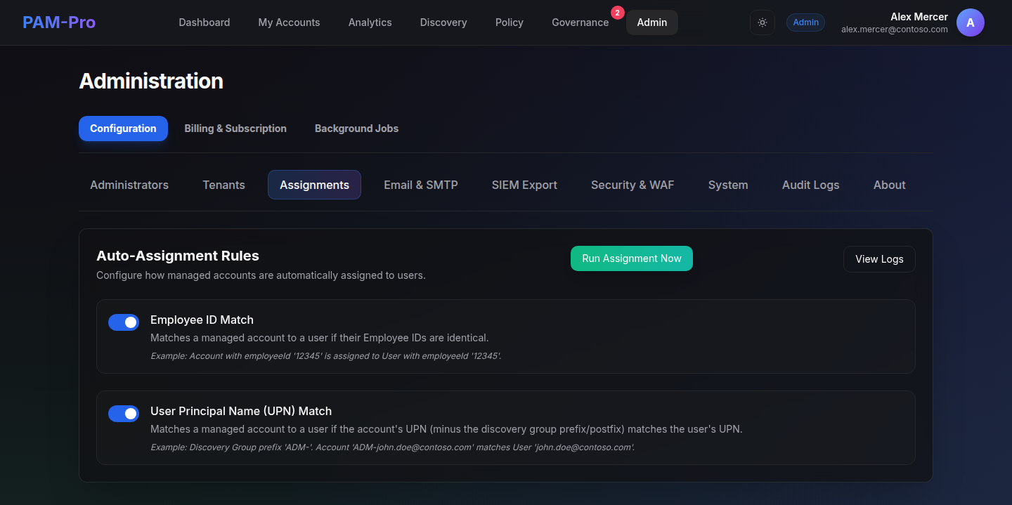 The Assignments tab showing the Employee ID Match and UPN Match rules with a Run Assignment Now control, above a log of the last sweep listing two assignments made and one account skipped.