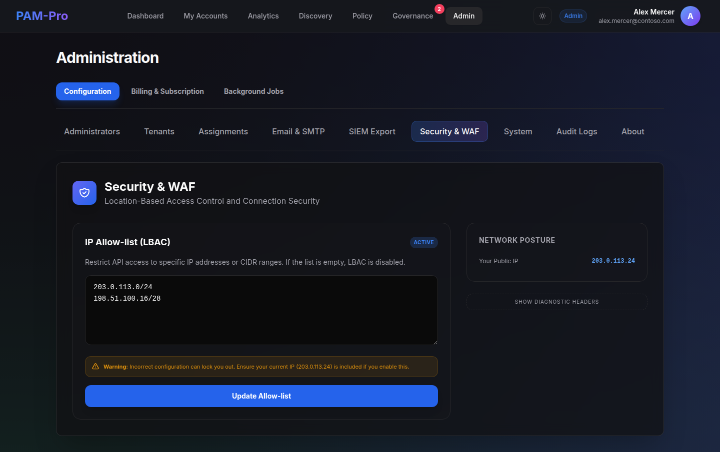 The Security and WAF tab showing an active IP allow-list restricting API access to specified CIDR ranges, a warning that the current public IP must be included before enabling it, and a network posture panel reporting the observed public IP.