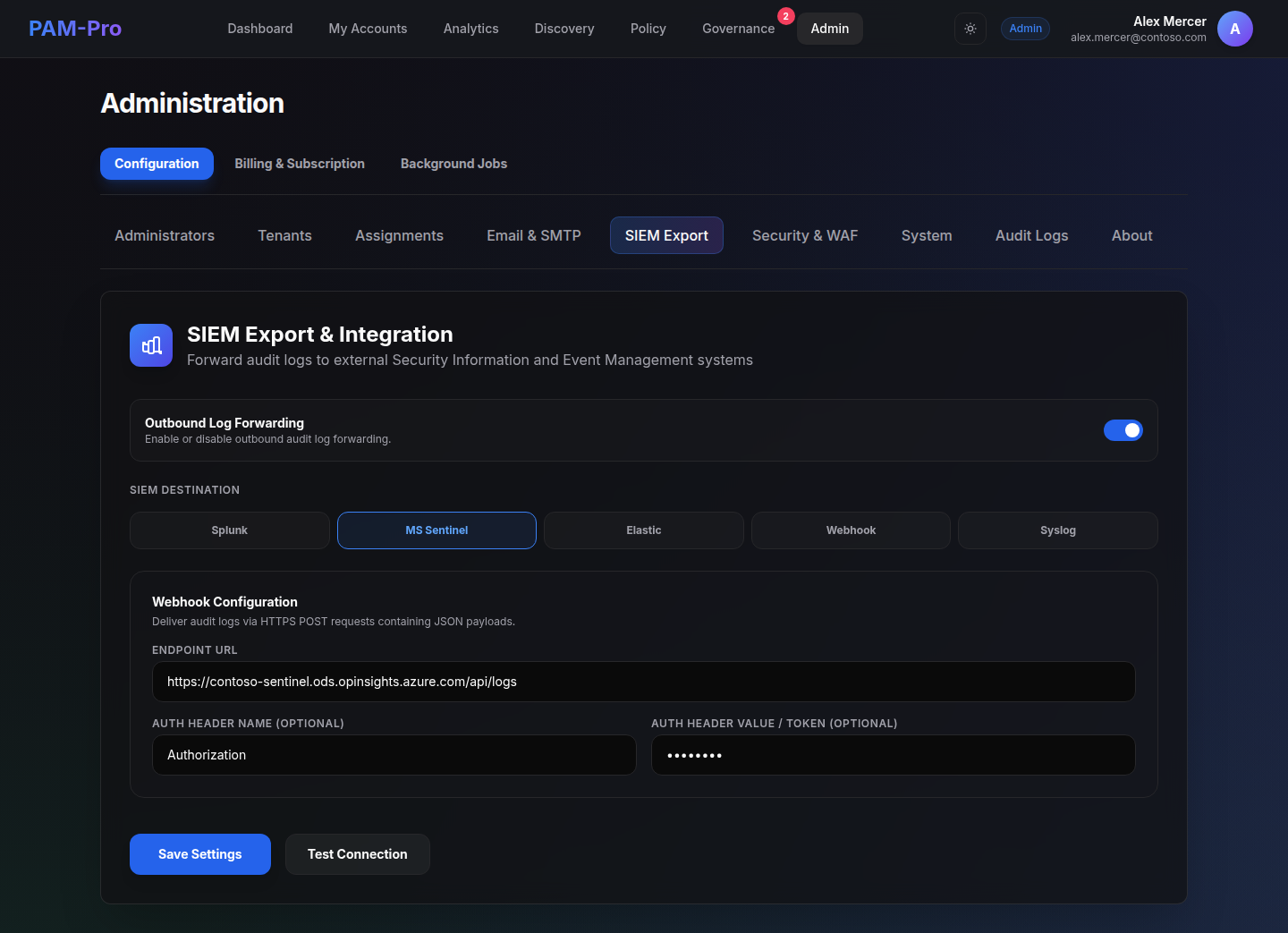 The SIEM Export tab with an outbound forwarding toggle, a SIEM destination selector offering Splunk, MS Sentinel, Elastic, Webhook and Syslog, and webhook configuration fields for endpoint URL and authentication header.