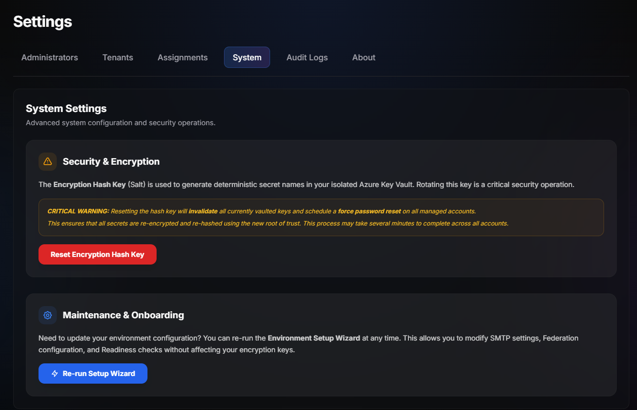 Settings System tab showing Security and Encryption section and Maintenance and Onboarding section