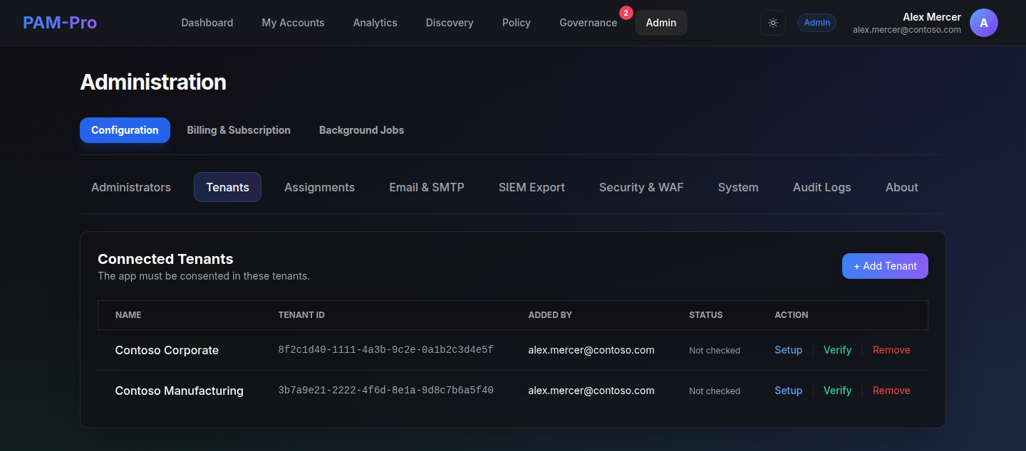 The Connected Tenants table listing two Entra ID directories with their tenant GUIDs, the administrator that added each, and per-tenant Setup, Verify and Remove actions.