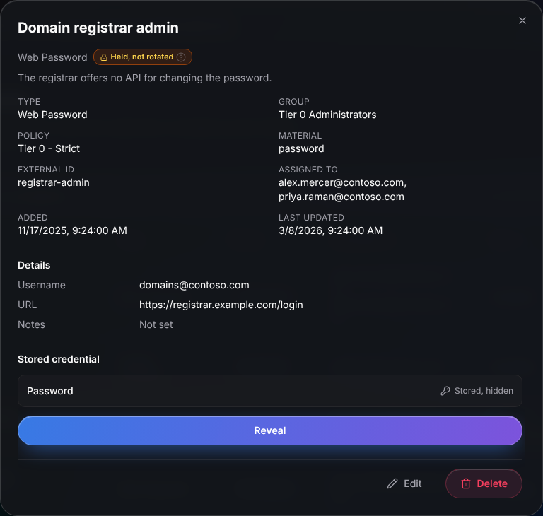 The detail view for the Domain registrar admin record. It shows the Held, not rotated badge, the reason the registrar offers no API for changing the password, the type, group, policy and assignees, the sign-in URL and username, and a Password field marked Stored, hidden with a Reveal button.