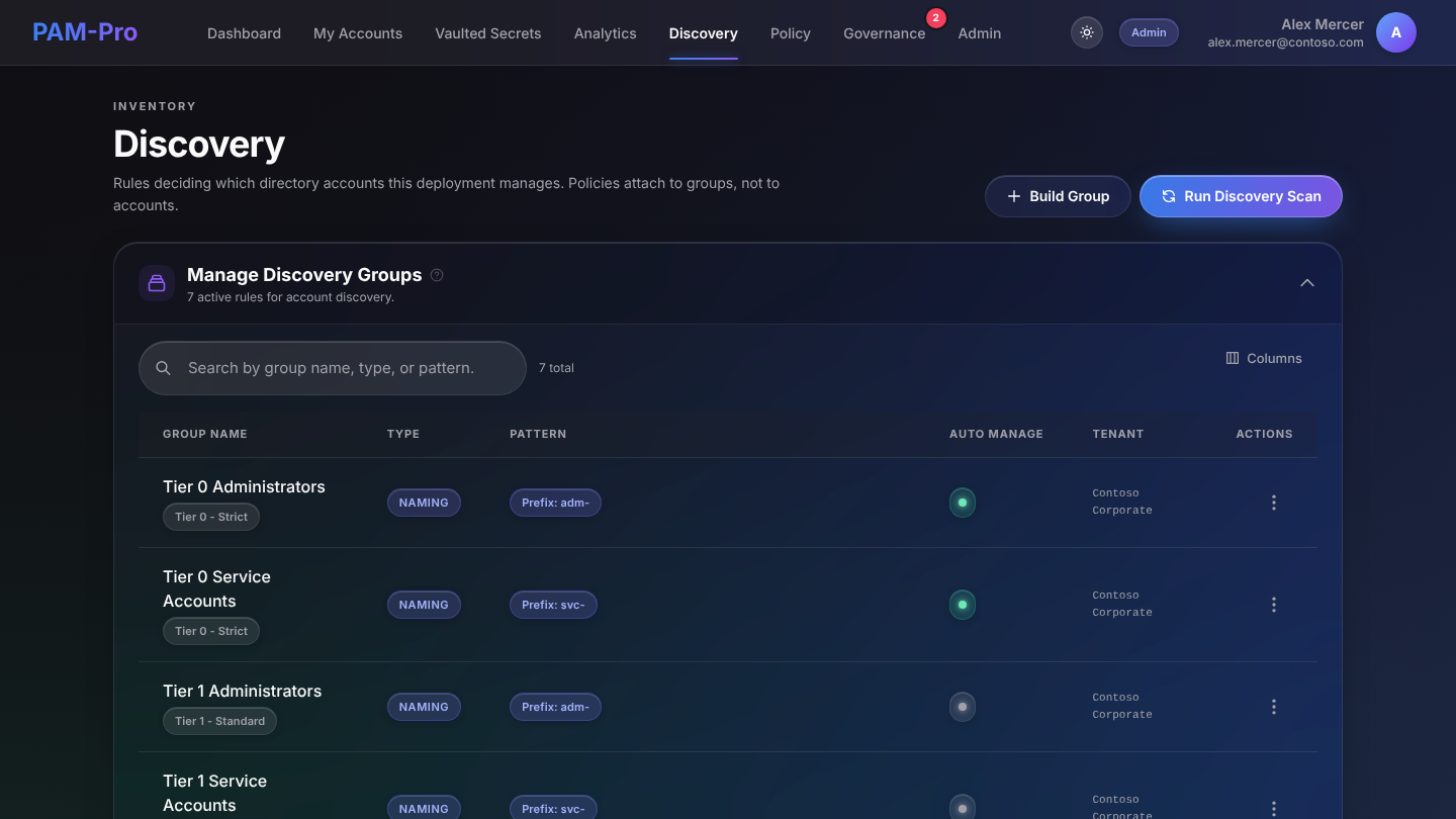 PAM-Pro discovery groups that inventory privileged accounts by naming convention or role